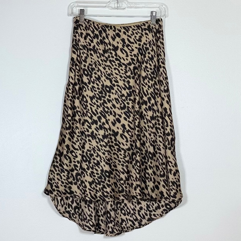 Leopard Print Satin Slip Skirt Womens S Midi High Low Pull On Maximalist Edgy